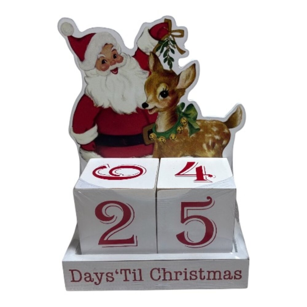 Santa & Reindeer Wooden Days 'Til Christmas Countdown Calendar Blocks Retro Look
